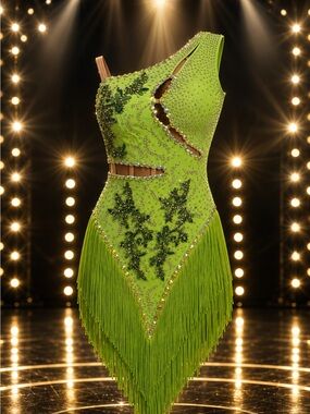 Lime Green One-Shoulder Fringe Embellished Performance Dress